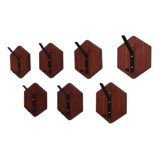 Vintage Modular Hexagonal Teak Wall Hooks, 1950, Set of 7 For Sale