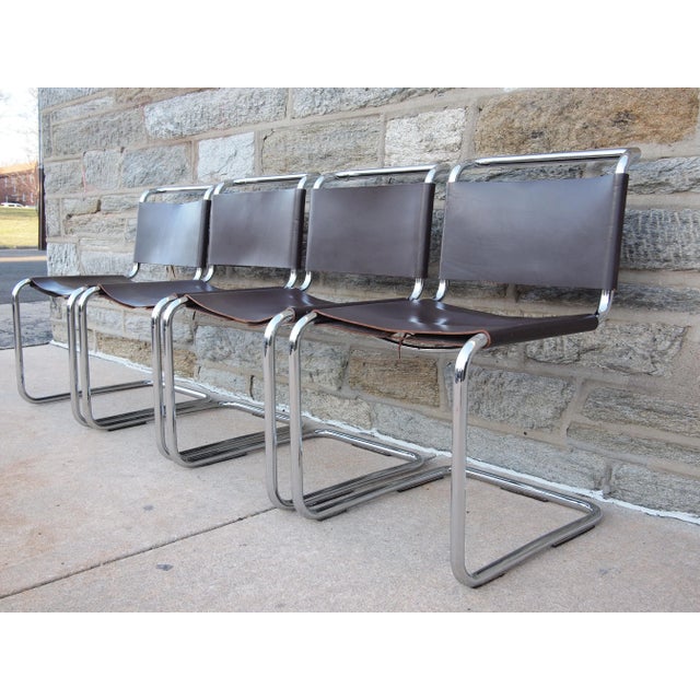 Mid 20th Century Set of 4 Vintage Knoll Spoleto Side Dining Chair, Chrome + Brown Leather For Sale - Image 5 of 11