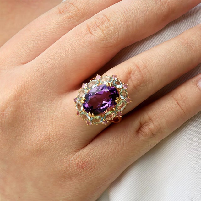 Kai Fine Jewelry Kai Purple Amethyst Aquamarine Pink Sapphire Cocktail Ring in 14k Gold Ring, size 4 For Sale - Image 4 of 11