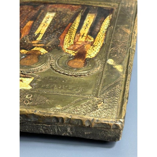 Brown Antique Orthodox Icon with 3 Saints on Gilded Tempera Wooden Board For Sale - Image 8 of 10