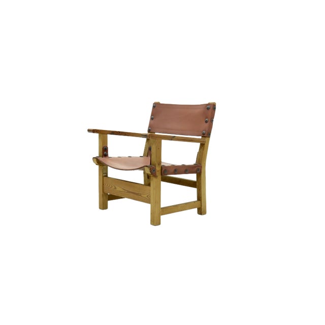 Brutalist Armchair in Pine and Cognac Leather, 1960s For Sale