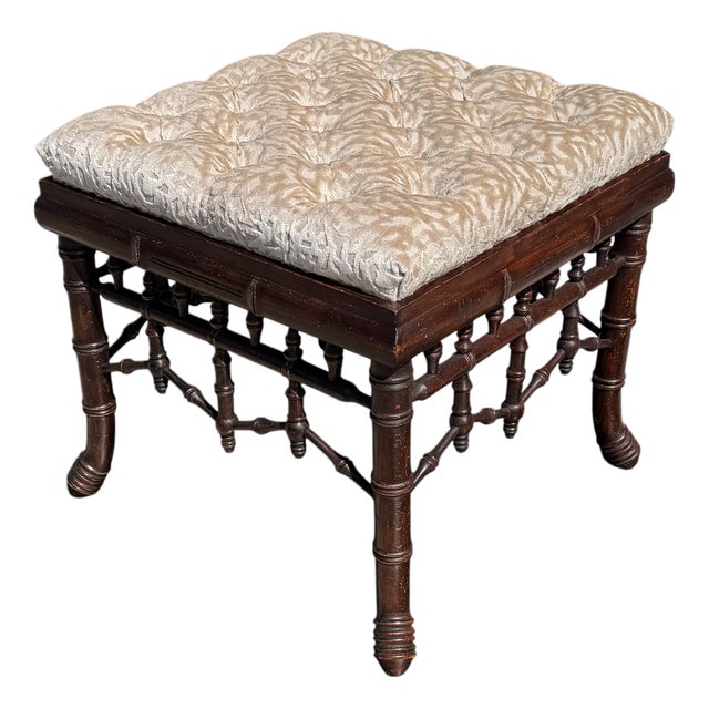 Regency Style Faux Bamboo Cut Velvet Upholstered Footstool For Sale