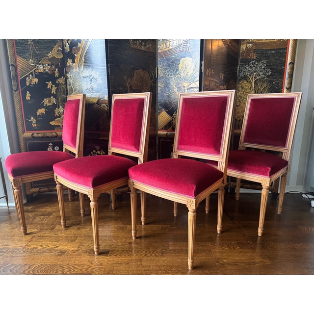 Set of Four Louis XVI Side Chairs in Burgundy Mohair Upholstery. Excellent Condition, no tears, stains or structural...
