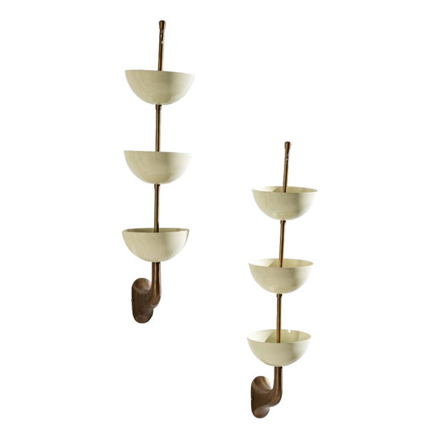Wall Lamps in Brass with White Aluminum Cups in the style of Stilnovo, 1980s, Set of 2 For Sale