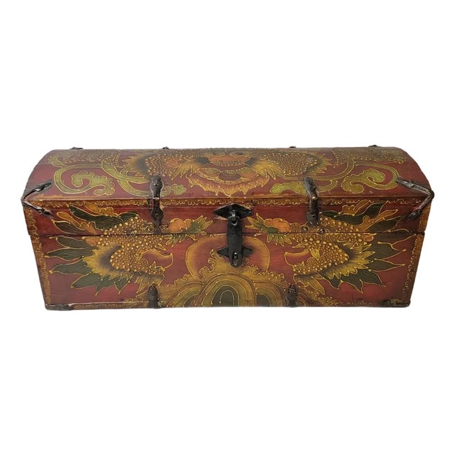 Tibetan Manuscript Box— Hand-Painted, With Red Lacquer & Iron Straps— Mid-20th Century For Sale