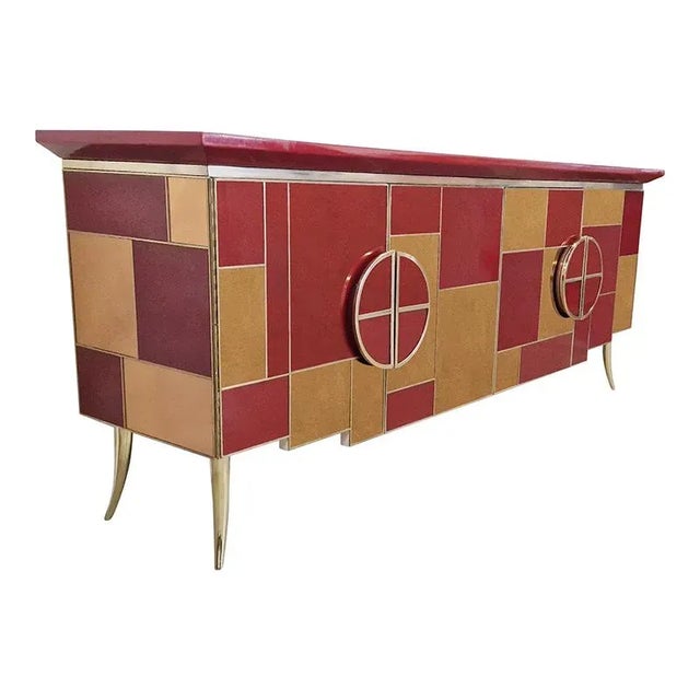 Metal Credenza with 4 Doors in Bordeaux Red Glass and Mirror For Sale - Image 7 of 11