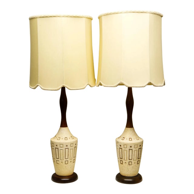 Mid Twentieth Century Modern Table Lamps Ceramic and Walnut - a Pair For Sale