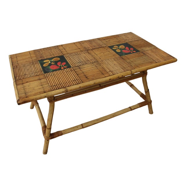 Coffee Table in Rattan and Ceramic by Audoux Minet for Vallauris, 1960s For Sale