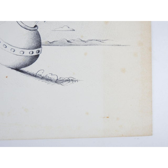Vintage 1989 lithograph on paper surreal abstract vessel and mountains. Signed illegibly and dated lower right. Unframed,...