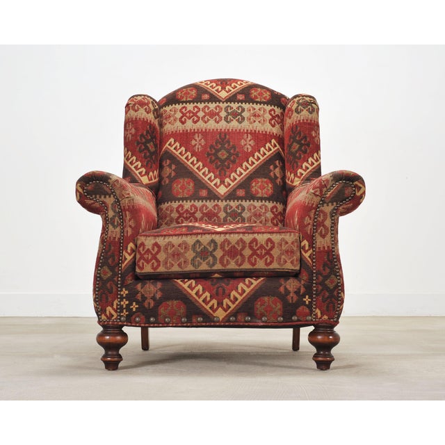 Tribal King Ranch Kilim Rug Style Upholstered Lounge Chair + Ottoman For Sale - Image 3 of 18