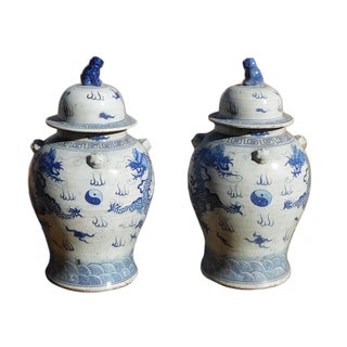 Chinese Double Dragons General Jars - A Pair For Sale