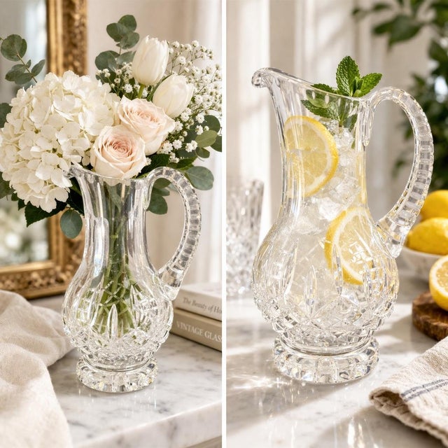 A beautifully cut vintage crystal pitcher featuring classic hobstar and fan motifs with a radiant starburst base. The...