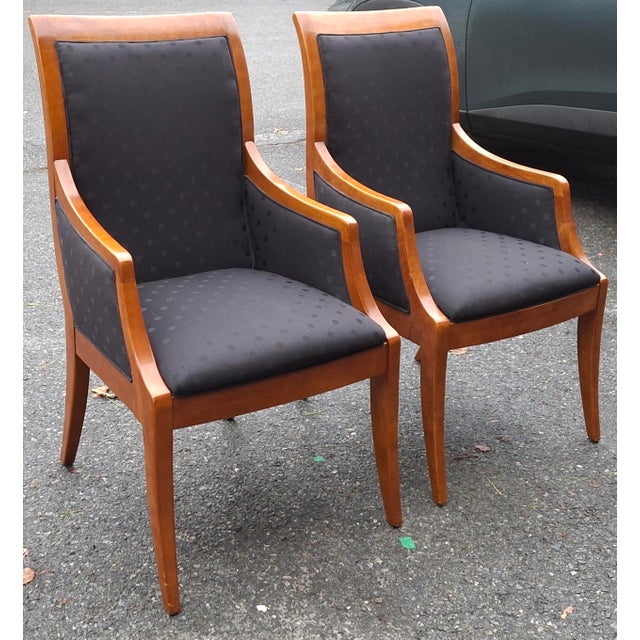 A pair Hickory White Furniture Biedermeier inspired Lacquered Maple and Black Upholstered armchairs. Measures 22" in...