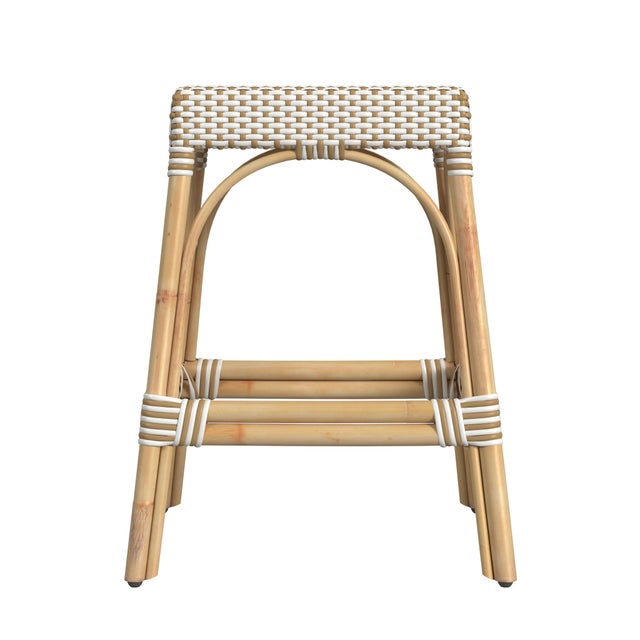 Spritely Home Accent Furniture Robias 24.5 in. Seat Height Rectangular Rattan Backless Counter Stool with Footrest, White/Tan Dot / Natural Rattan Frame For Sale - Image 4 of 7
