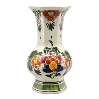 Vintage Dutch Delft Hand Painted Polychrome Vase For Sale