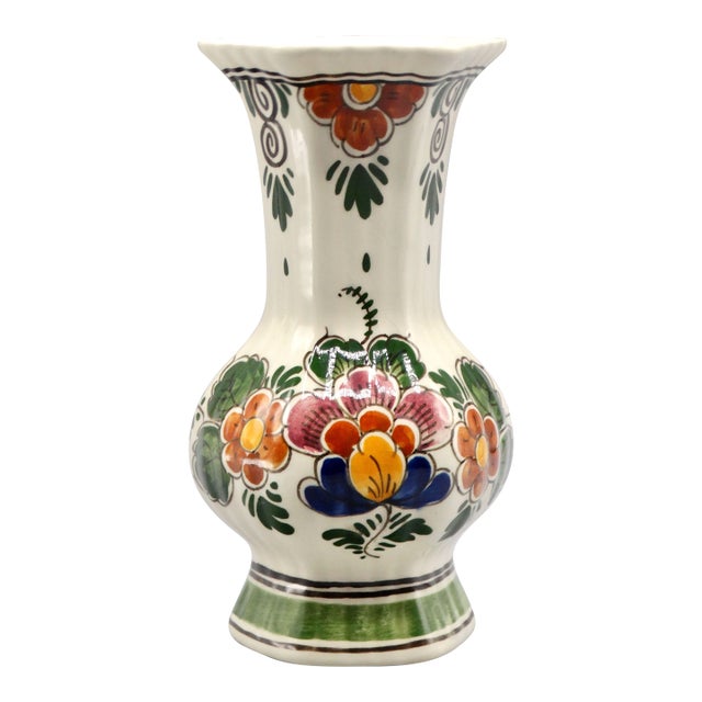 Vintage Dutch Delft Hand Painted Polychrome Vase For Sale