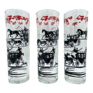 Vintage Set 3 Hazel Atlas Equestrian Horse Buggy Stagecoach Cocktail Glasses