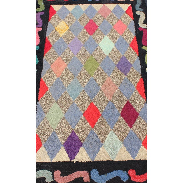 Early 20th Century American Hooked Rug With Colorful All-Over Diamond Design With Charcoal Border For Sale - Image 5 of 9