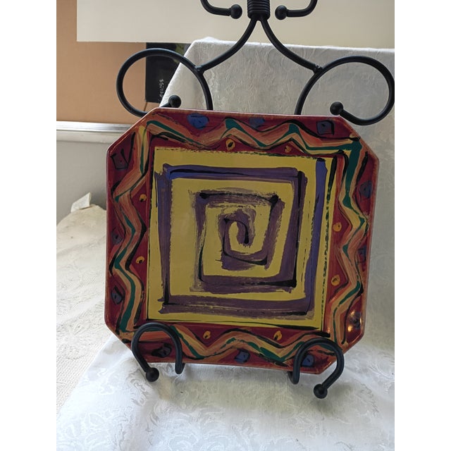 Ceramic Vintage 1980s Karen Howell Studio Art Pottery Square Ceramic Charger Plate For Sale - Image 7 of 8