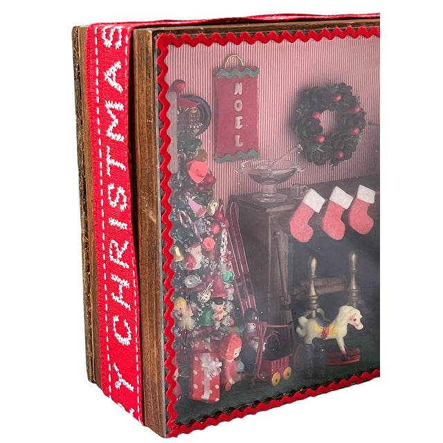 Vintage Handmade Christmas Diorama Shadow Box With Miniature Holiday Stocking by the Fire Scene. For Sale In Jacksonville, FL - Image 6 of 13
