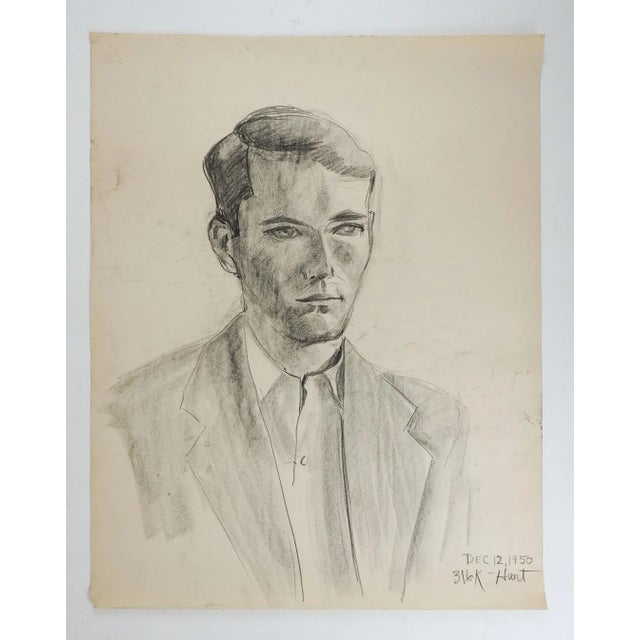 Vintage 1950 charcoal on paper portrait study drawing of young man by Geneva Flores Hart (1906-2008) Texas. Signed, dated...