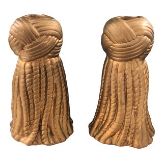 Vintage Mid 20th Century Dorothy Draper Style Tromp L’oeil Grand Millenial Gold Tassel Candle Holders, a Pair For Sale