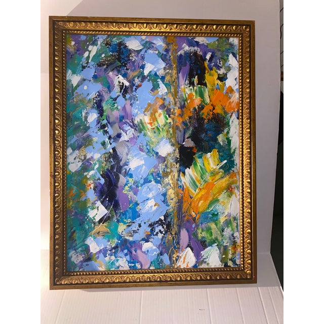 Mid 20th Century Vintage Large Abstract Impasto Oil Painting With Floral Motifs in a Gold Frame. For Sale - Image 5 of 12