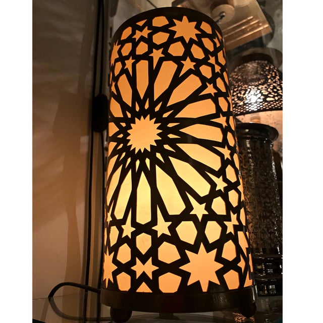 Contemporary Moroccan-Inspired Brass Floor Lamp With White Plastic Panel For Sale - Image 4 of 9