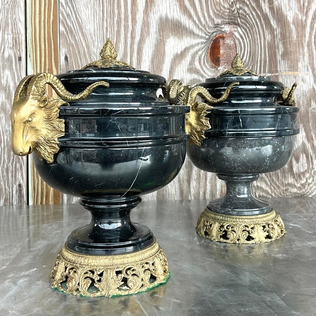 Mid 20th Century Vintage Boho Black Marble and Brass Ram’s Head Lidded Urns - a Pair For Sale - Image 5 of 6