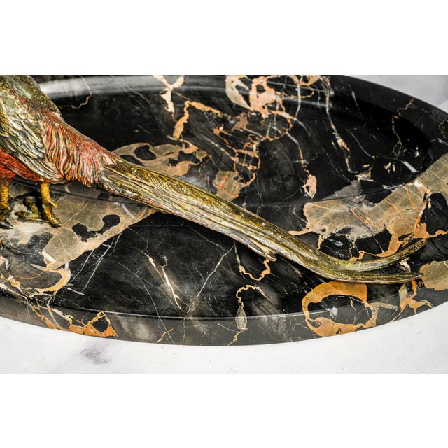 Impressive Antique Austrian Bronze Pheasant Sculpture Statue Black Veined Marble Desk Dresser Tray Catchall Art Deco Home Decor For Sale - Image 14 of 17