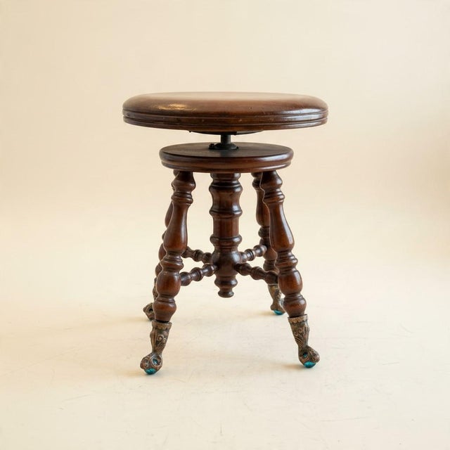 Antique Victorian Piano Stool-Charles Parker-Blue Glass Ball Claw Feet-Wood Seat For Sale - Image 6 of 9