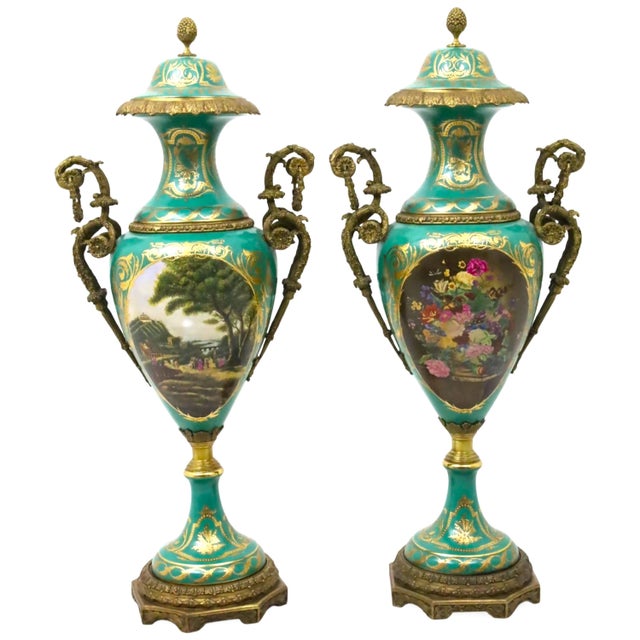French Pair of Large / Impressive 19th Century French Ormolu Mounted Sèvres Porcelain Urns For Sale - Image 3 of 13