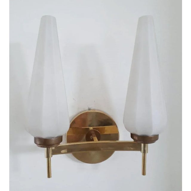 Vintage Italian wall lights with opaline cone shaped glass diffusers mounted on brass frames, in the style of Stilnovo /...