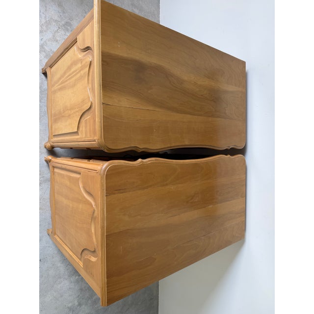 Tall Vintage French Provincial Carved Cherry Wood Three-Drawer Chest – A Pair For Sale - Image 11 of 12