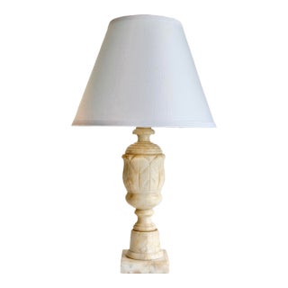 Vintage Italian Carved Alabaster Table Lamp With Linen Shade For Sale