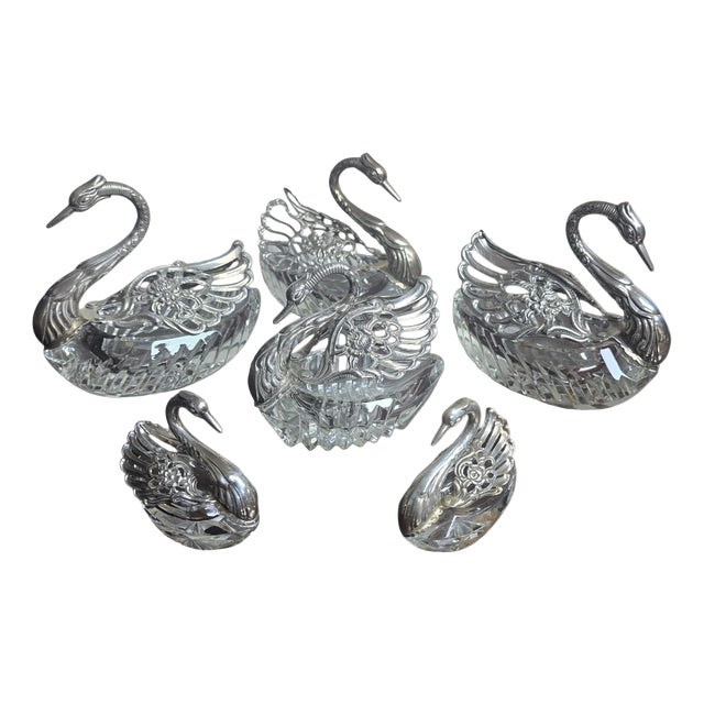 Antique Cut Glass and Silver Swans, 1900, Set of 6 For Sale