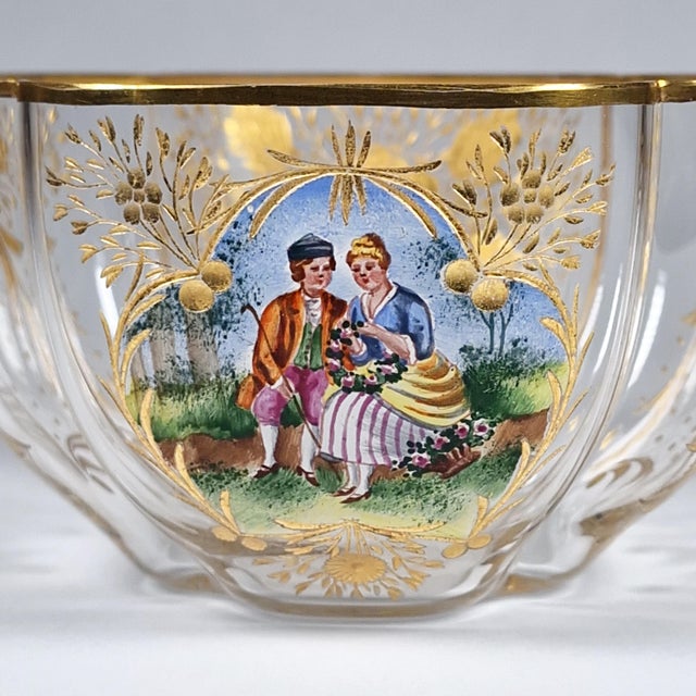 Late 19th Century Antique Quatrefoil Gilded Glass Bowl Austrian Bohemian Cut Enamel Watteau Style For Sale - Image 5 of 17