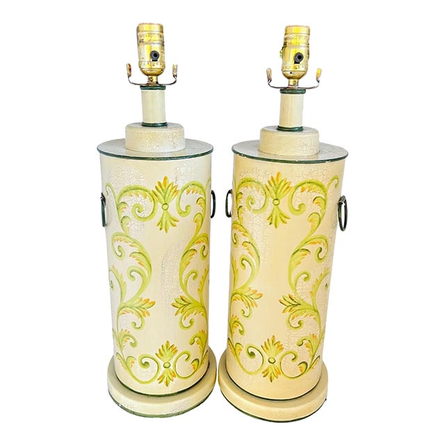 Hollywood Regency Hand-Decorated Italian Tôle Peinte Neoclassical Cylinder Table Lamps, a Pair For Sale