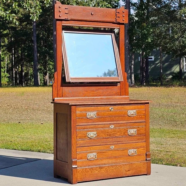 Antique Quarter-Sawn Oak Dresser With Mirror & Key, Eastlake / Mission Influence (C. 1900-1910) For Sale - Image 4 of 12