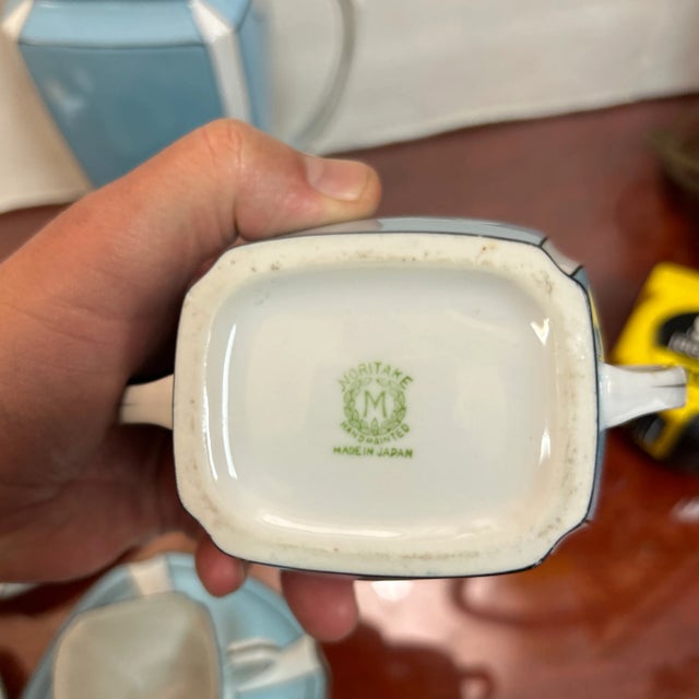 Noritake Art Deco Style Robin's Egg Blue, White and Black Stripe Demitasse Service for 4 Signed For Sale - Image 9 of 11