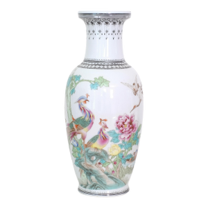 Vintage Chinese Ceramic Flower Vase with Peacock Motif, Circa 1960
