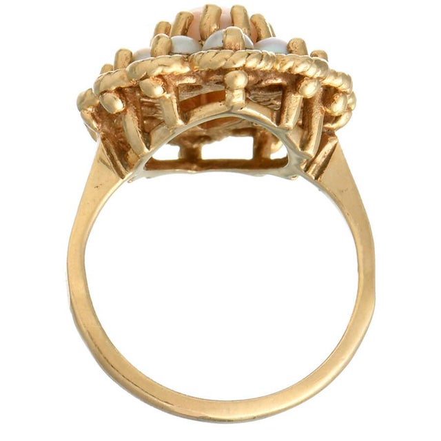 14KY Mid Century Modern Coral & Seed Pearl Ring, size 4 For Sale - Image 4 of 5