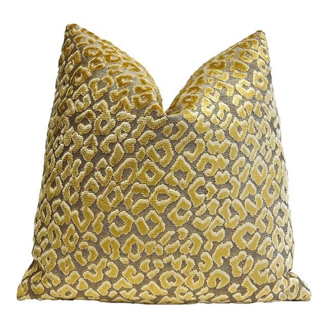 Gold Leopard Print Velvet 20x20" Pillow With Feather Down Insert For Sale