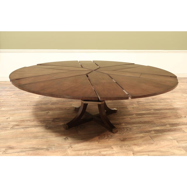 Wood 64–84-Inch Expandable Cherry Jupe Dining Table With Brass Stretcher and Brass-Capped Saber Legs For Sale - Image 7 of 13