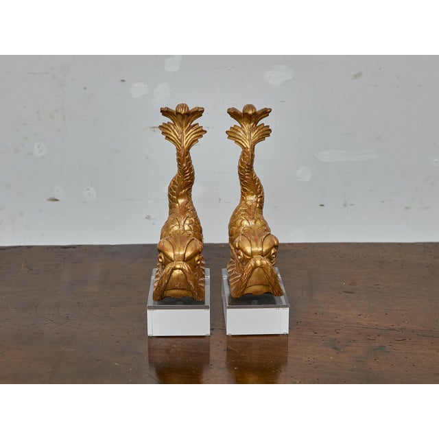 Mid 19th Century Pair of Baroque Style Giltwood Dolphin Carvings on Lucite Bases, 19th Century For Sale - Image 5 of 7