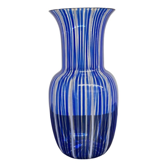 Mid-Century Blue and Milk Murano Glass Vase with Canes or Filigree from Venini, 1950s For Sale