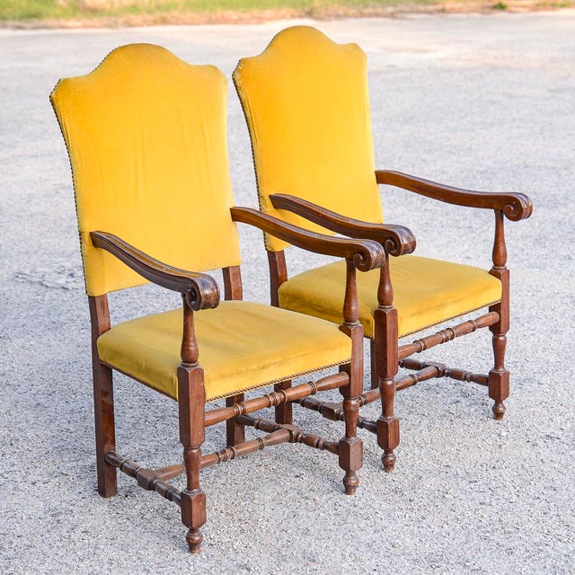Armchairs in Carved Wood and Yellow Velvet, 1980s, Set of 2 For Sale - Image 11 of 18