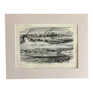 Antique 1874 Wood Engraving, "Rock Island Illinois-Davenport Iowa" in 11x14 Mat