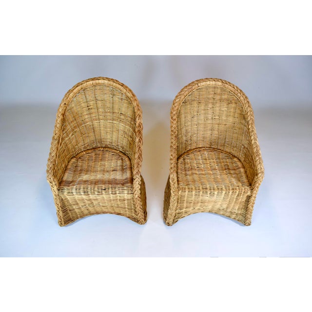 Coastal Braided Wicker Rattan Chairs After Michael Taylor Blue & White Stripes Upholstery For Sale - Image 13 of 13