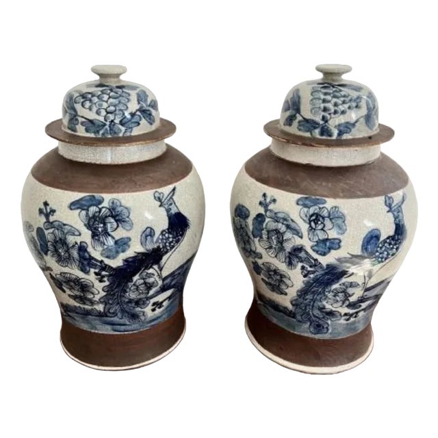 Antique Chinese Crackle Ware Lidded Vases, 1880, Set of 2 For Sale